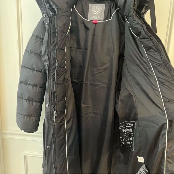 $450 Vince Camuto Onion Belted Long Puffer Coat with Hood, Black in Large, NWT - Picture 12 of 14